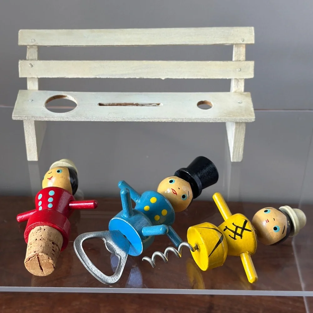 Vintage Wooden Bar Set, Cork, Cork Screw, Bottle Opener, Hand Painted, 1950’s